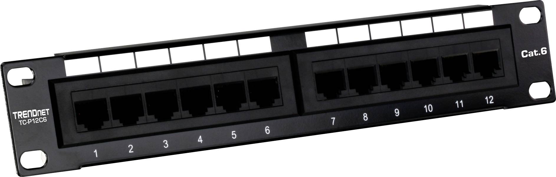 Egy 12 porttal rendelkezű hálózati patch panel, amelynek portjai számozottak, Ethernet csatlakozókkal, "Cat. 6" és "TRENDnet TC-P12C6" felirattal, amelyet hálózati kábelek rendszerezésére és kezelésére használnak.