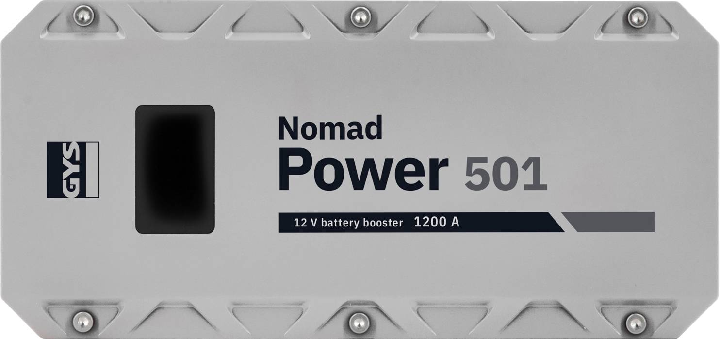 A kép egy 'Nomad Power 501' típusú 12V-os indítássegítőt mutat, amely 1200A teljesítményű, GYS logóval ellátva. A készülék robusztus, fémes kivitelezésű.