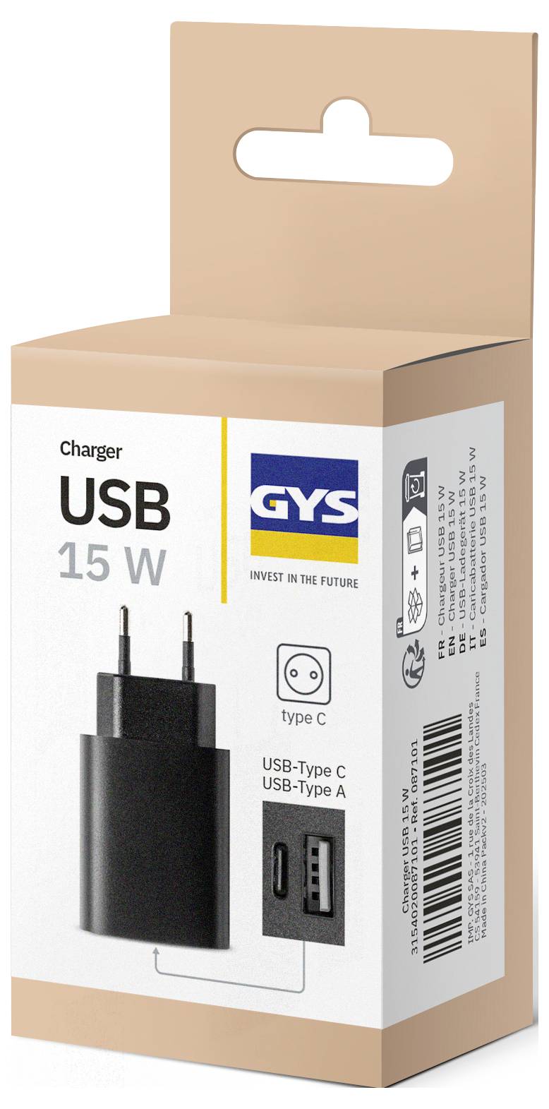 Egy 15W-os USB töltődoboz EU-s csatlakozóval, USB-Type C és USB-Type A portokkal. A márka GYS. Szlogenje: 'FEKTESS A JÖVŐBE'.