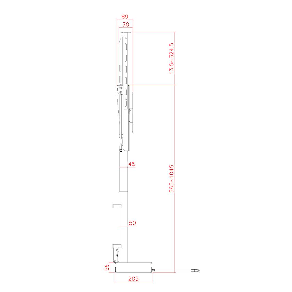 Egy vertikálisan állítható állvány oldalnézeti rajza méretekkel. Felső szakasz: 89 egység, középső: állítható 135-324,5 egység, alsó: 556-1045 egység.