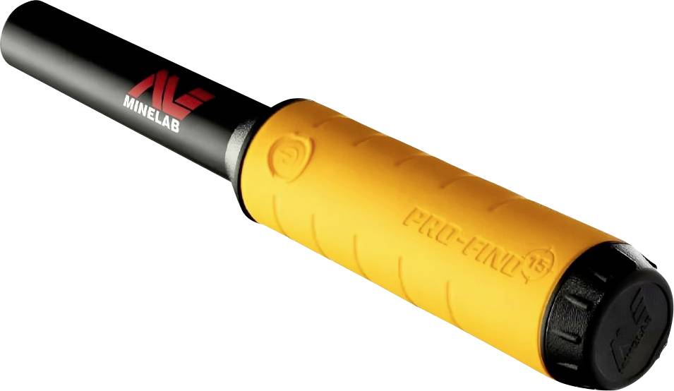 Egy Minelab Pro-Find 15 pinpointer fémkereső detektor fekete szondával és sárga markolattal, amelyet fémtárgyak pontos megtalálásához használnak.