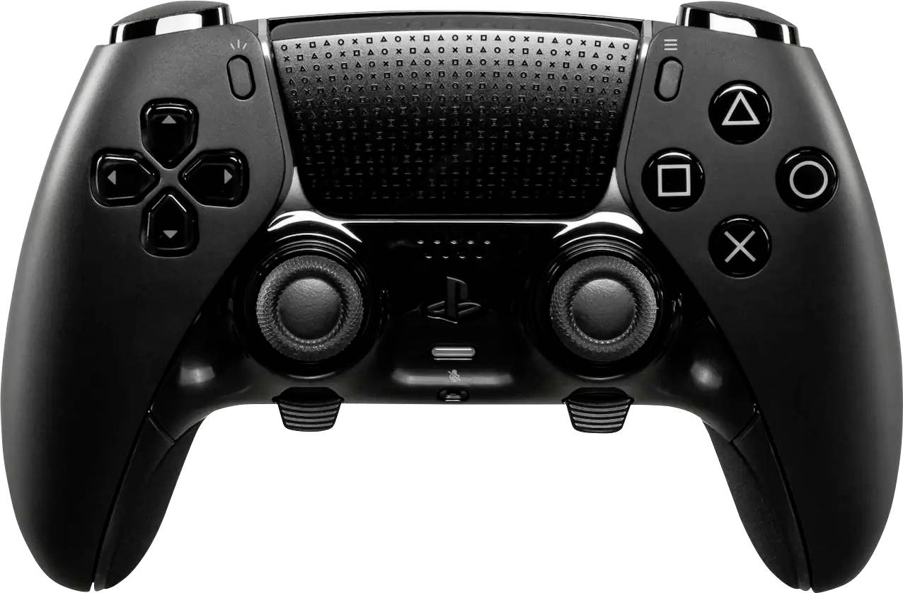 Egy fekete videojáték kontroller hüvelykujjtámasszal, irányítógombbal és akciógombokkal, PlayStation konzolhoz tervezve.