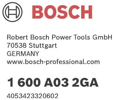 Bosch logó a tetején. Alatta: 'Robert Bosch Power Tools GmbH, 70538 Stuttgart, NÉMETORSZÁG, www.bosch-professional.com, 1 600 A03 2GA, 4053423320602.'
