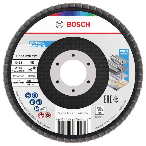 Bosch fémvágó csiszolótárcsa; univerzális illesztés, 115 x 22,23 mm, 40-es szemcseméret, max. fordulatszám 13.300 ford/perc. Alkalmas különböző fémekhez.