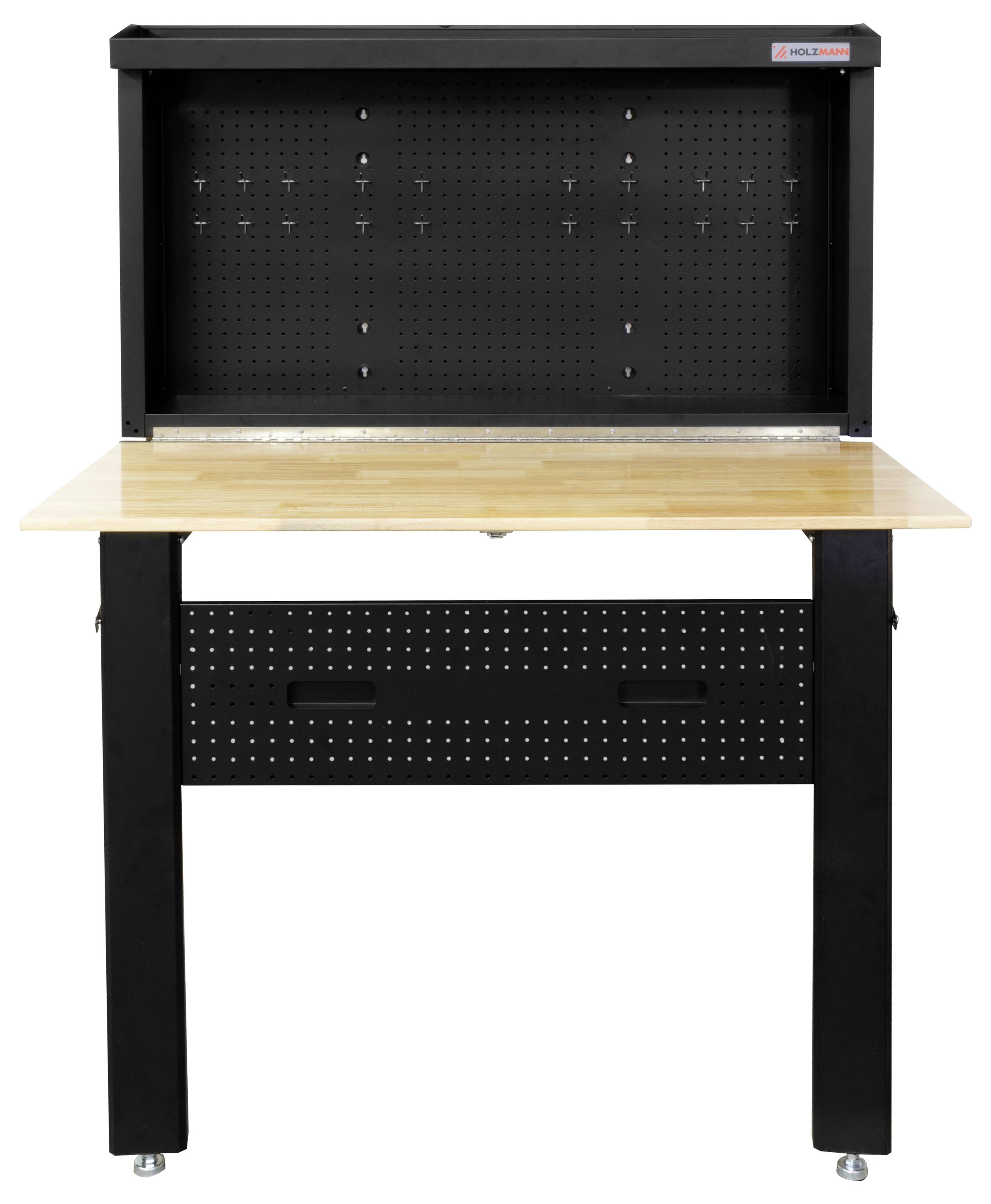 Egy fekete munkaasztal fa tetővel és lyukasztott szerszámtartó hátlappal fehér háttér előtt áll.