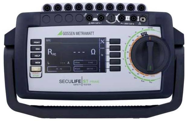 Egy diagnosztikai eszköz digitális kijelzővel, amelyen az 'Rpe' felirat látható, és különböző beállítások vannak. Tartalmaz egy nagy tárcsát, gombokat és több bemeneti nyílást.