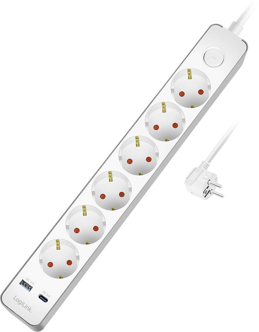 Egy fehér elosztó hat aljzattal, USB-portokkal és egy csatlakozódugóval ellátott csatlakozó zsinórral.