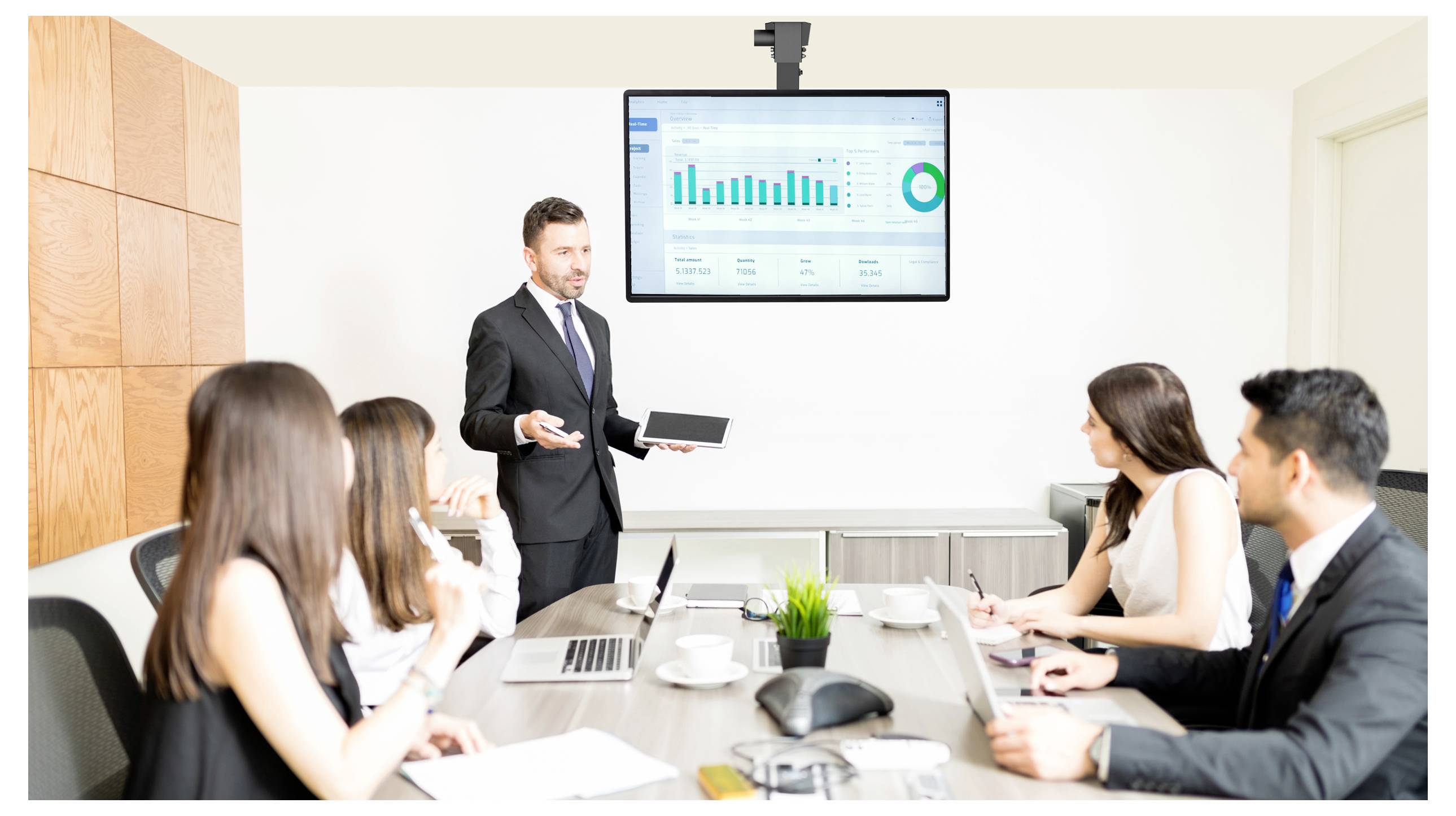 Egy öltönyös férfi adatokat mutat be egy képernyőn négy, irodai tárgyalóteremben ülő kollégájának. A diagram egy oszlopdiagramot és kördiagramot tartalmaz.