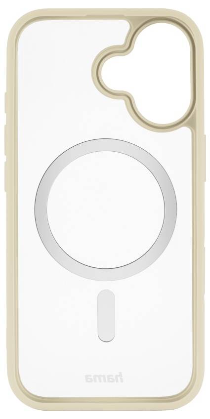 Bézs és átlátszó telefontok, hátsó részén körkörös mintázattal és szabálytalan formájú kamera kivágással, MagSafe kompatibilis.
