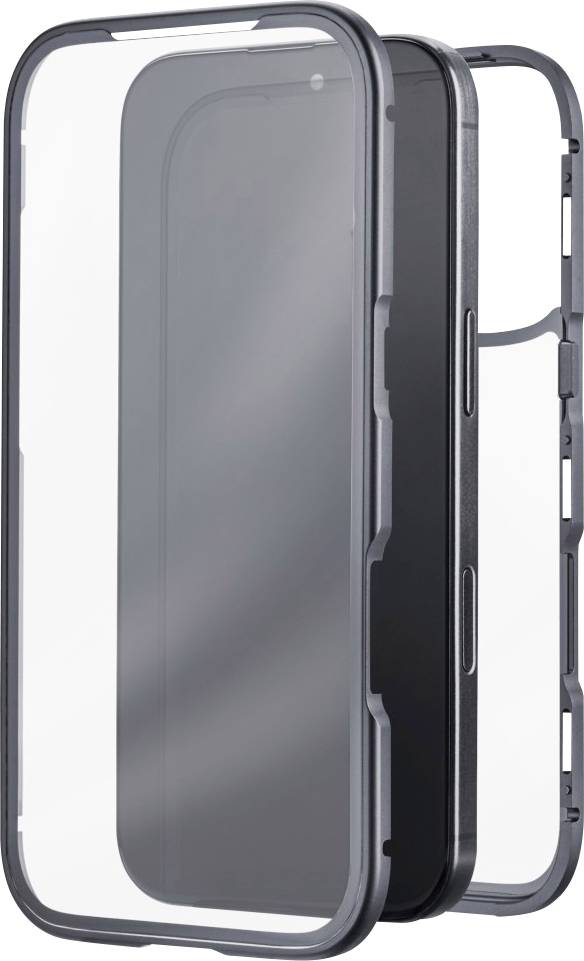 Egy kétrészes mágneses telefontok átlátszó első és hátsó panelekkel, keskeny dizájnnal és oldalsó gombnyílásokkal.