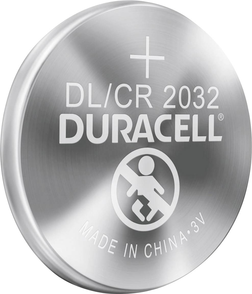 Duracell gombelem, DL/CR 2032, 3V típusú, 'Kínában gyártva' felirattal, gyermekek általi lenyelés ellen figyelmeztető szimbólummal ellátva.