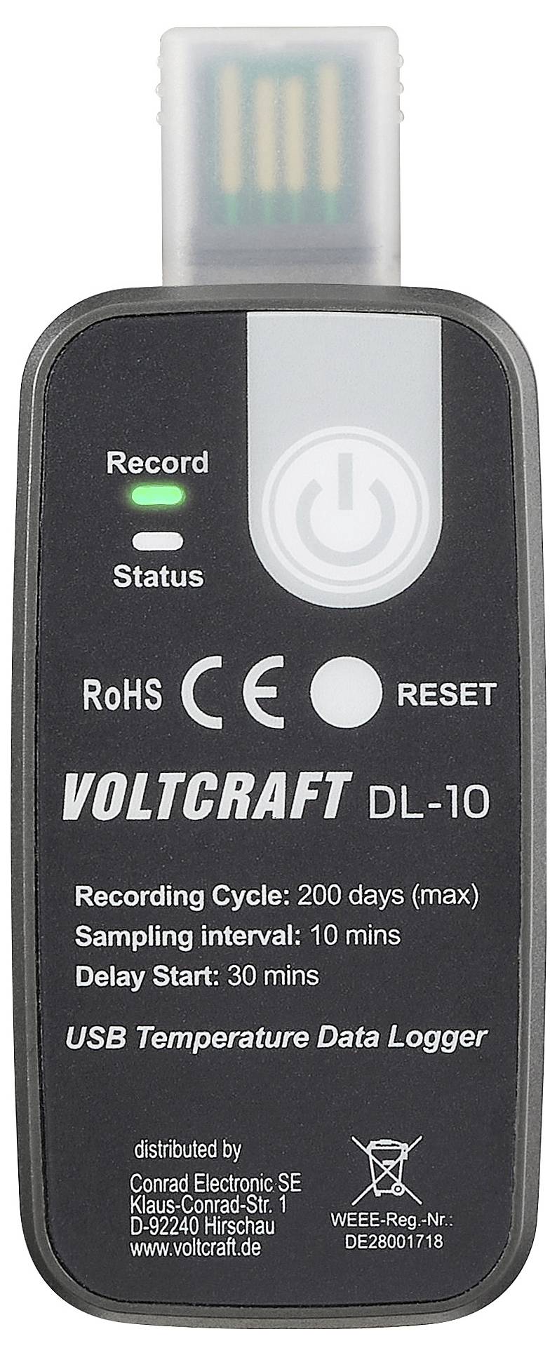 "VOLTCRAFT DL-10 USB Hőmérséklet Adatrögzítő" felvételi és állapotjelzőket mutat. Max 200 napos ciklus, 10 perces mintavételezés, 30 perces késleltetett indítás.