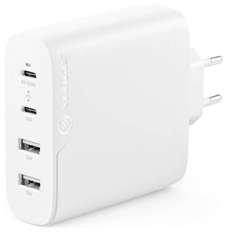 Egy fehér fali töltő két USB-A és két USB-C porttal, amelyeken a '65-100W A PD', '18W' és '12W' felirat látható. Kétágú csatlakozó látható.