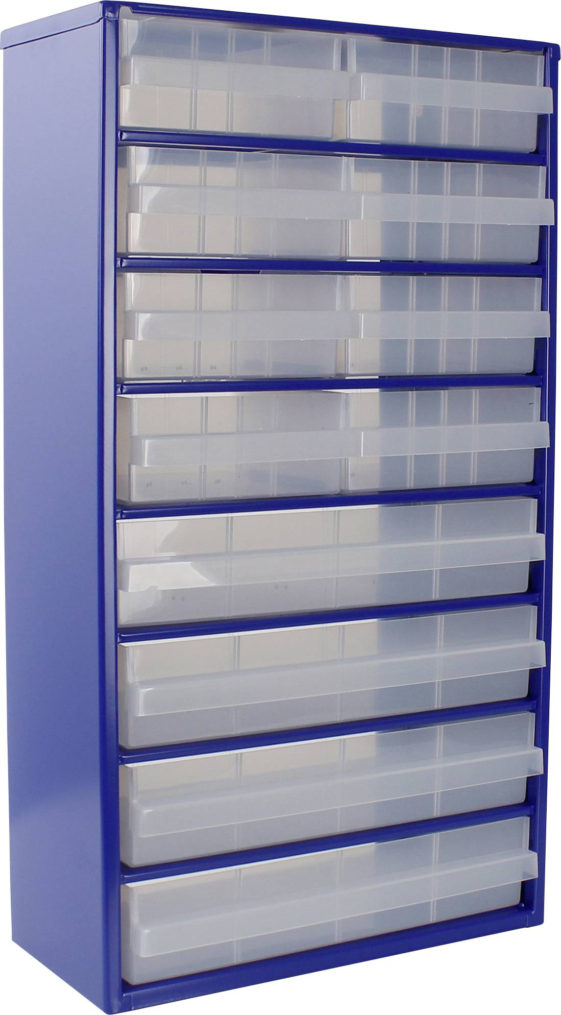 Egy kék tárolószekrény tizenkét átlátszó tolófiókkal, amelyet apró tárgyak rendszerezésére használnak. A szekrény magas és téglalap alakú.
