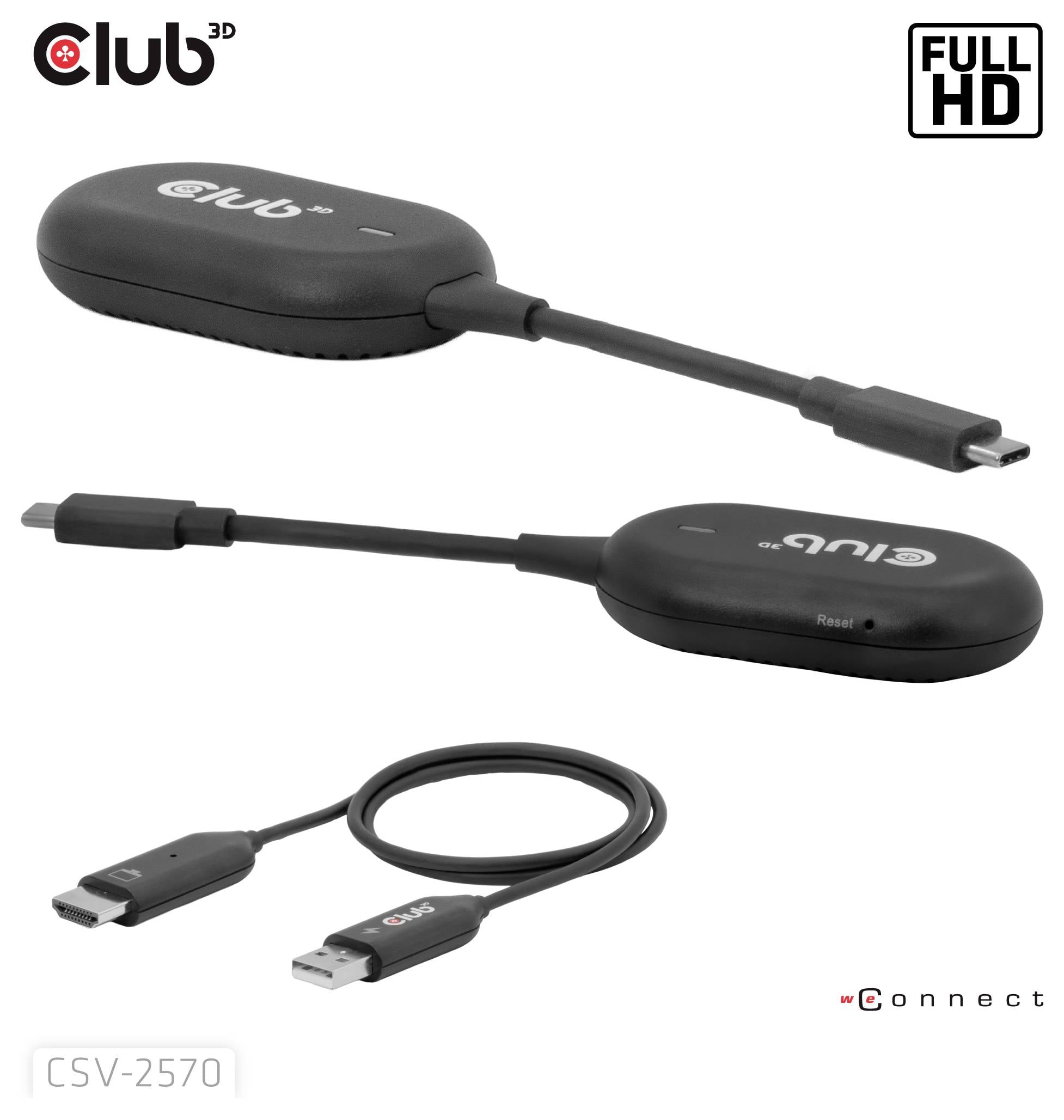 'Club 3D CSV-2570' USB-C-ről HDMI-re átalakító két nézetben és csatlakozókábellel együtt. 'Full HD' támogatással és 'Connect' márkajelzéssel rendelkezik.