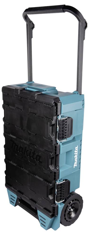 Egy teal és fekete hordozható szerszám tároló kocsi fogantyúval és kerékkel, amelyet szerszámok és felszerelések könnyű szállítására terveztek.