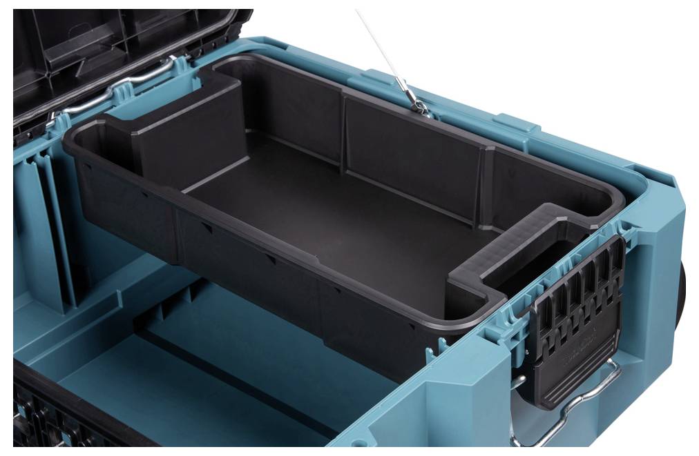 Nyitott teálzöld és fekete szerszámtartó doboz, amely eltávolítható tálcával és rekeszekkel rendelkezik a szerszámok és kiegészítők rendezéséhez.