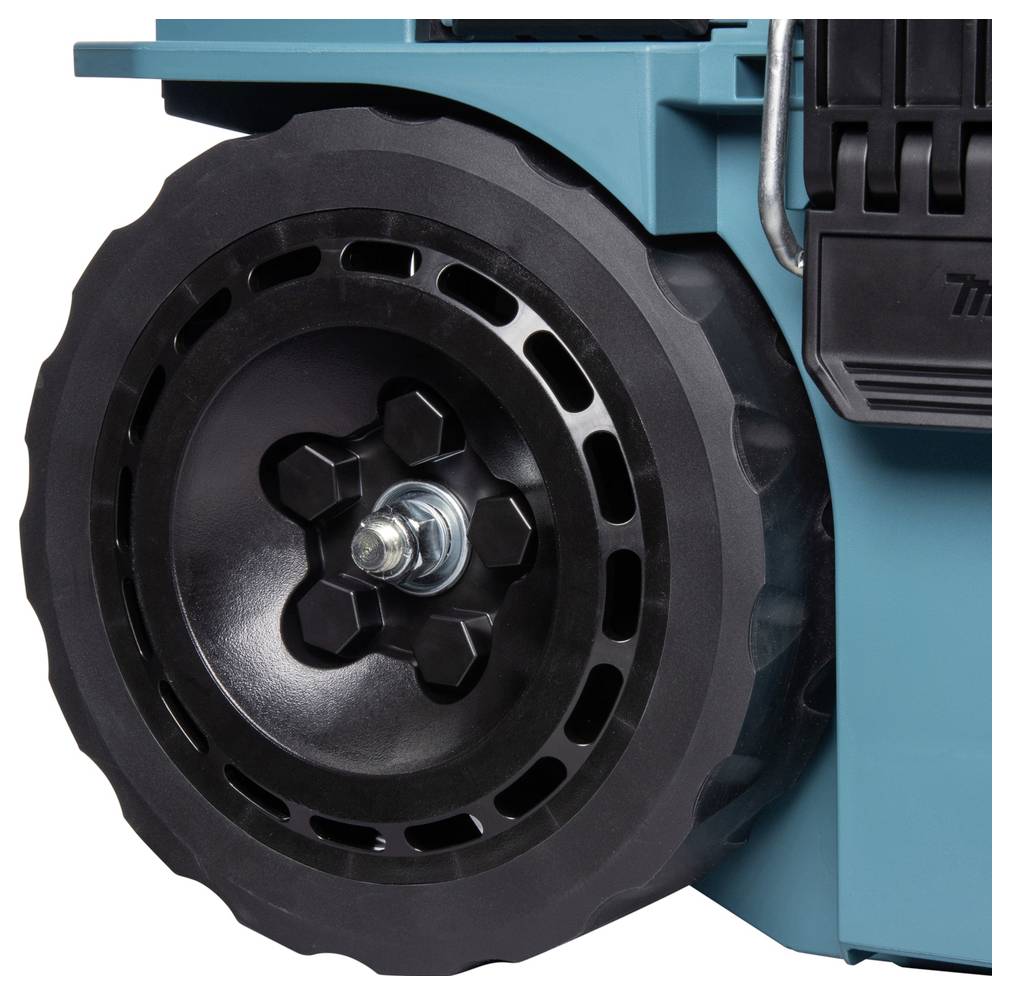 Egy erősen kialakított fekete kerék közelebbi képe, amely egy sarcian kék színű gépalkatrészhez van csatlakoztatva, bemutatva a robusztus felépítést és a mérnöki részleteket.