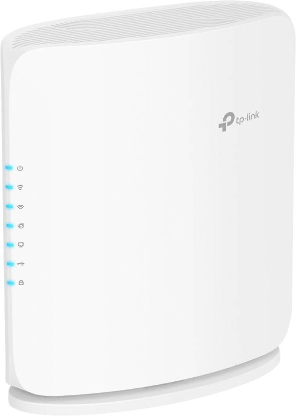 Egy fehér TP-Link router kék állapotjelző fényekkel az oldalán, amelyek a tápellátást és a kapcsolat állapotát jelzik.