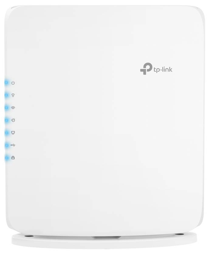 Egy fehér TP-Link Wi-Fi router, amelynek bal oldalán jelzőfények találhatók, amelyek a tápellátás, internet és vezeték nélküli kapcsolat állapotát mutatják.