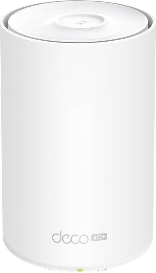Fehér, hengeres Deco 4G+ router, minimalista dizájnnal és az alapján világító jelzőfénnyel.