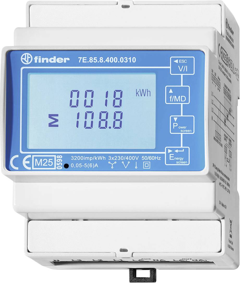 Egy villanyszámla-mérő, amelynek digitális kijelzőjén '0018 kWh' és '108.8' érték látható. A jobb oldalán különböző gombok találhatók.