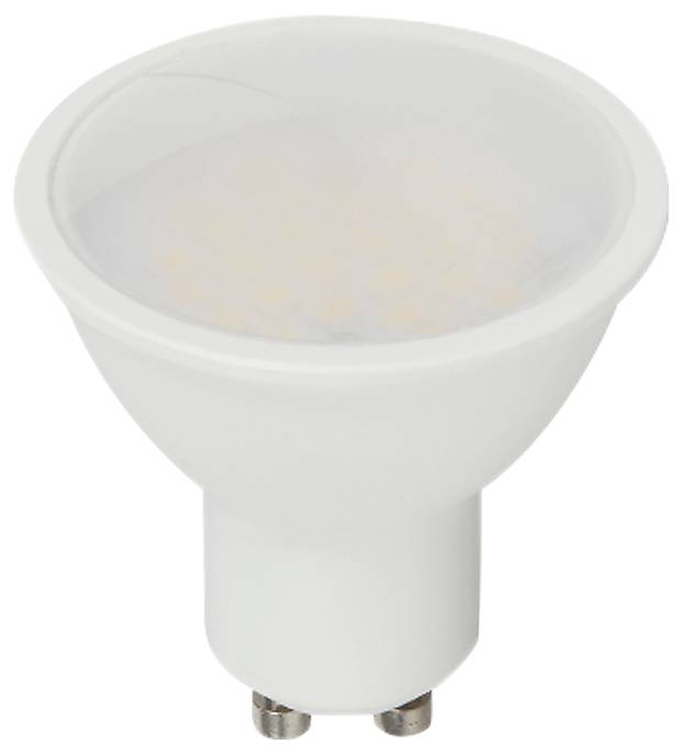 Egy LED-es izzó tejüveg borítással és GU10 foglalattal, amelyet jellemzően energiahatékony világítás céljára használnak lakóépületekben.