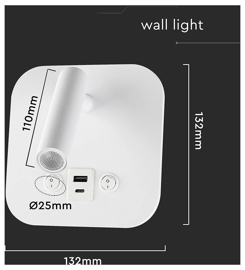 Egy modern, fehér fali lámpa hengeres spotlámpával, USB töltőporttal és kapcsolókkal. A méretei 132 mm x 132 mm.