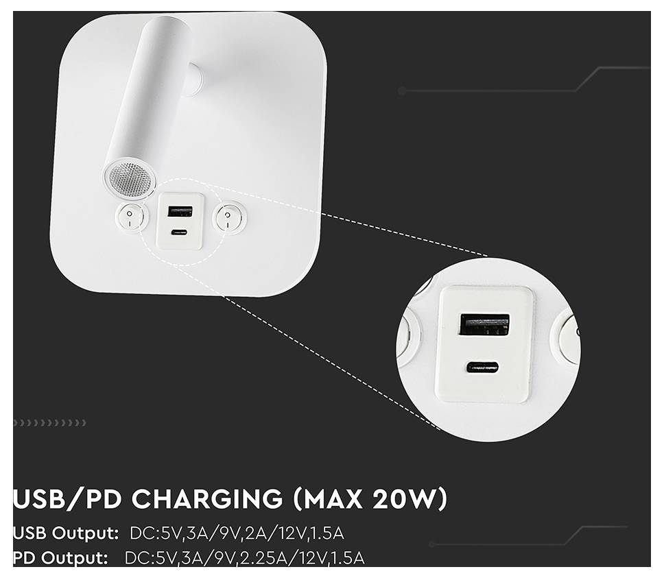 USB/PD töltés (Max 20W)<br><br>Kimeneti specifikációk:<br>USB-DC: 5V, 3A / 9V, 2A / 12V, 1,5A<br>PD-DC: 5V, 3A / 9V, 2,25A / 12V, 1,5A
