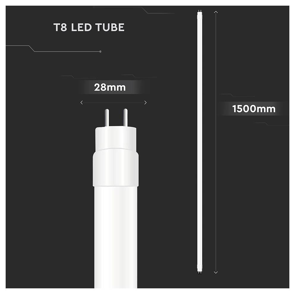 T8 LED fénycső, 28 mm átmérőjű, 1500 mm hosszúságú, fekete háttér előtt függőlegesen elhelyezve.