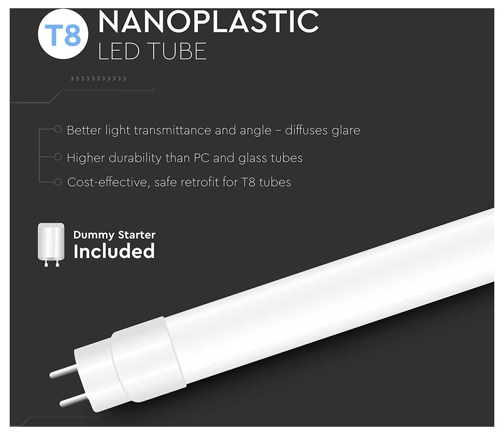 'T8 Nanoműanyag LED Cső. Jobb fénytovábbítás, csökkentett vakítás, magasabb élettartam a PC és üvegcsövekhez képest. Tartalmaz dummy indítót.'