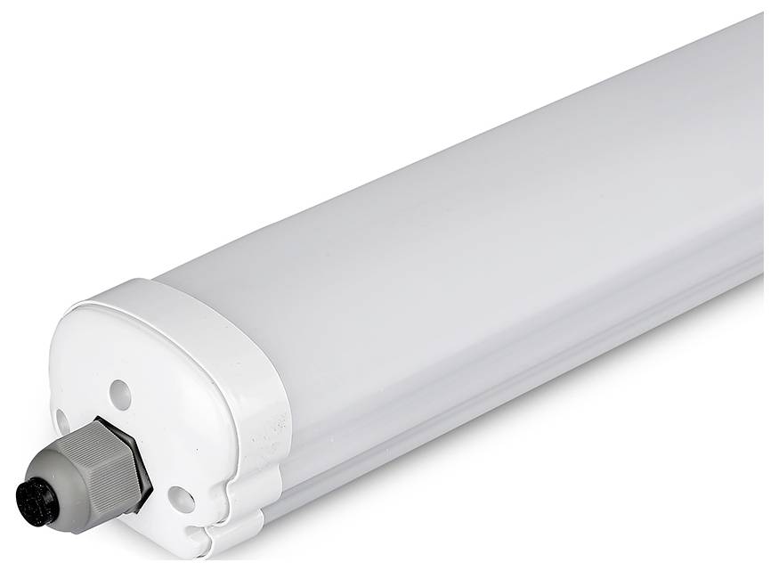 Egy fehér LED-es fénycsö, műanyag burkolattal és egy csatlakozóval az egyik végén, ipari vagy kereskedelmi világítási alkalmazásokhoz tervezve.