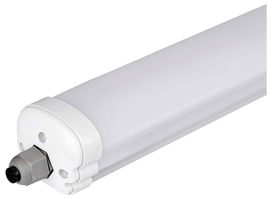 Egy LED-es csőlámpa hengeres alakkal és fehér burkolattal, csatlakozási ponttal az egyik végén. Kiválóan alkalmas energiatakarékos világításhoz.