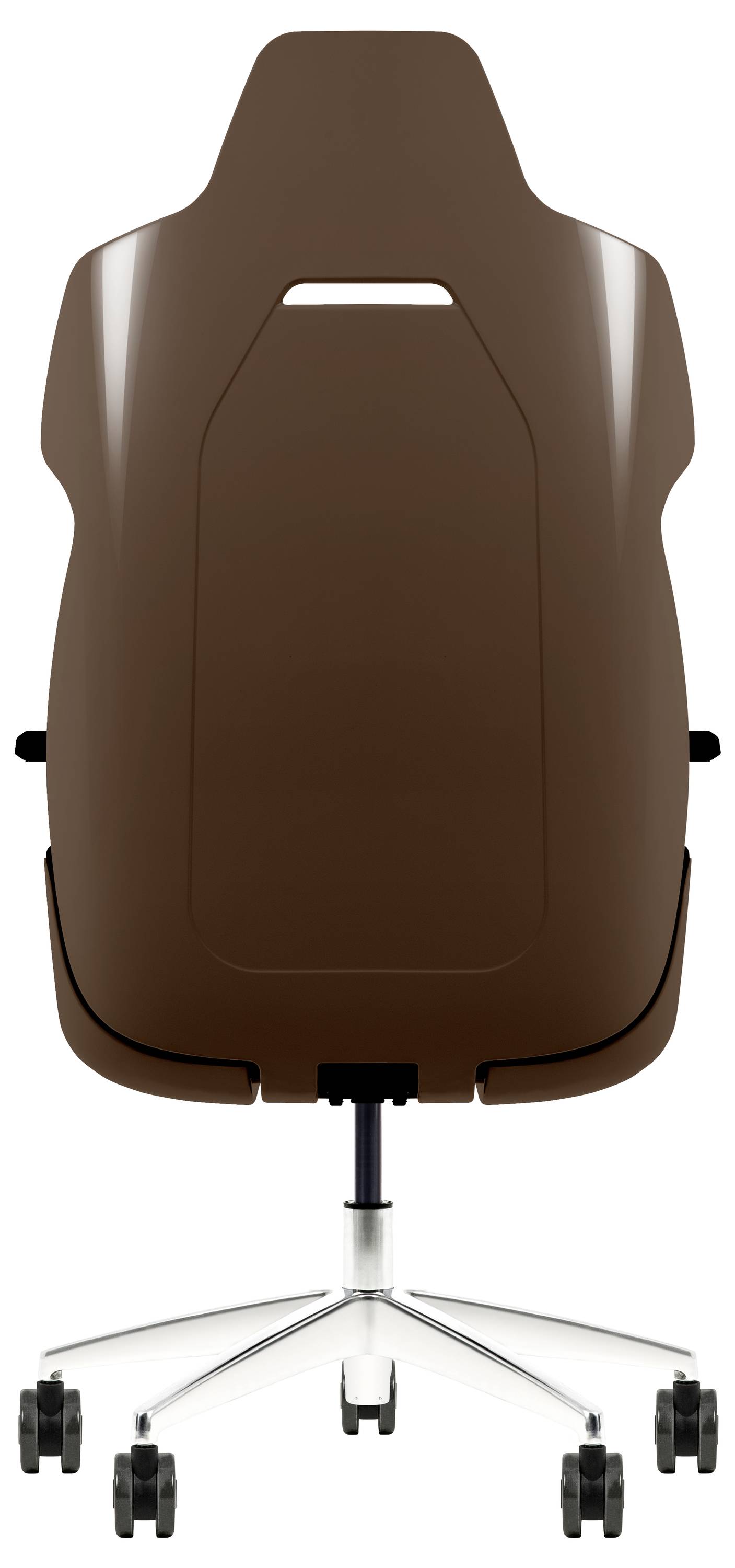 Egy barna irodai szék magas támlával és öt kerékkel, hátulnézetben.