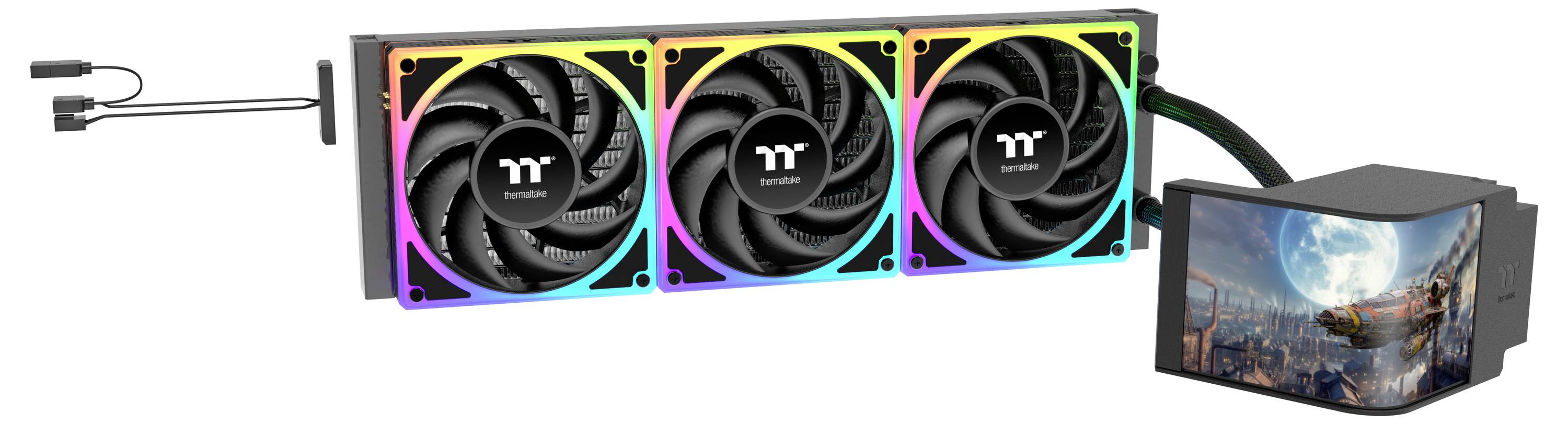 Egy folyadékhűtő rendszer három RGB ventilátorral és egy CPU blokkban megjelenő kozmikus jelenettel.
