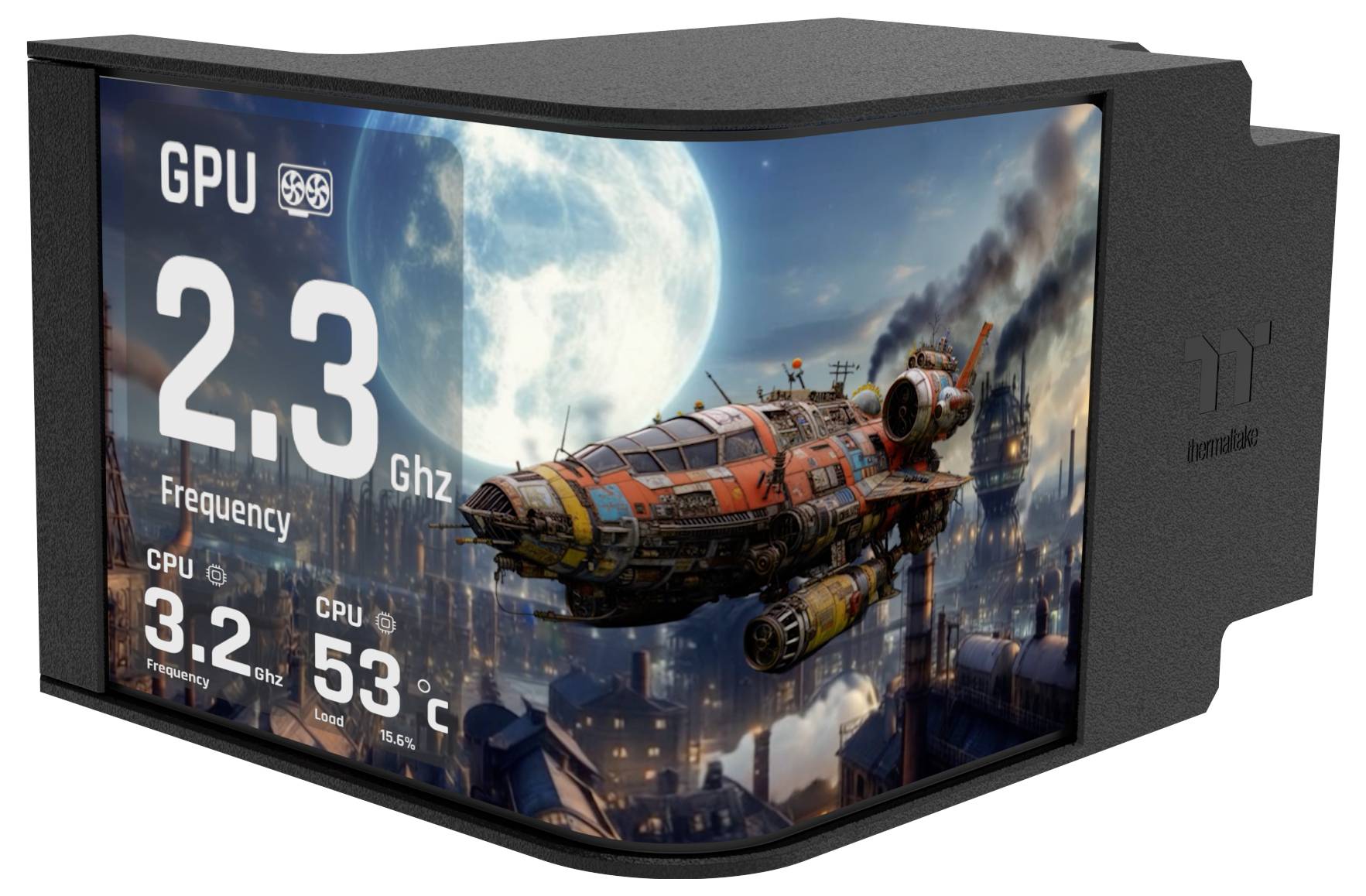Egy futurisztikus űrhajó repül egy éjszakai város felett egy hatalmas hold alatt. A kijelzőn olvasható: 'GPU 2,3 GHz', 'CPU 3,2 GHz', 'CPU 53°C'.