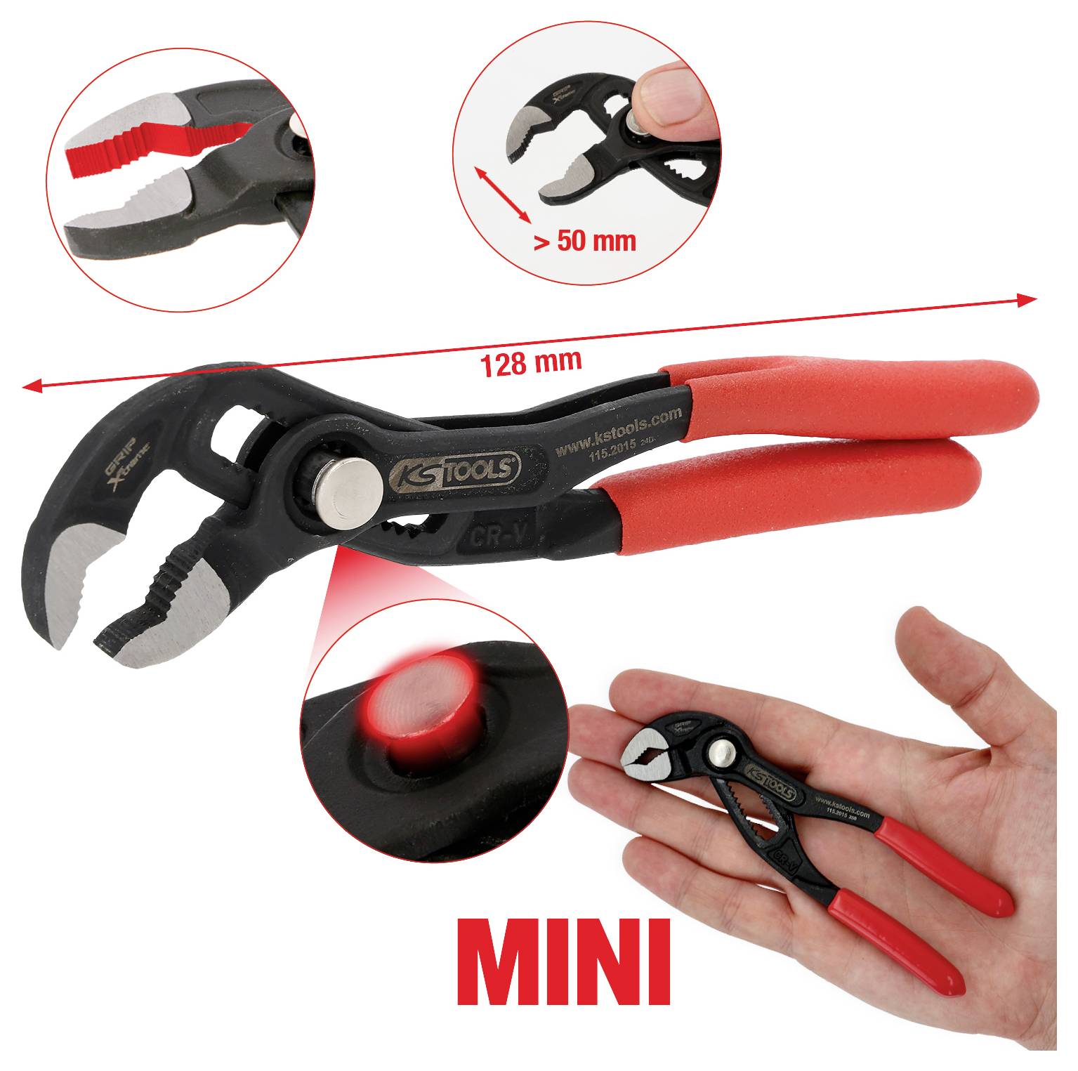 Piros markolatú mini fogó, 128 mm hosszú. Nagyított nézet mutatja a markolat részleteit. 'MINI' felirattal ellátva. Kezet tartalmaz a fogó méretarányának érzékeltetéséhez.
