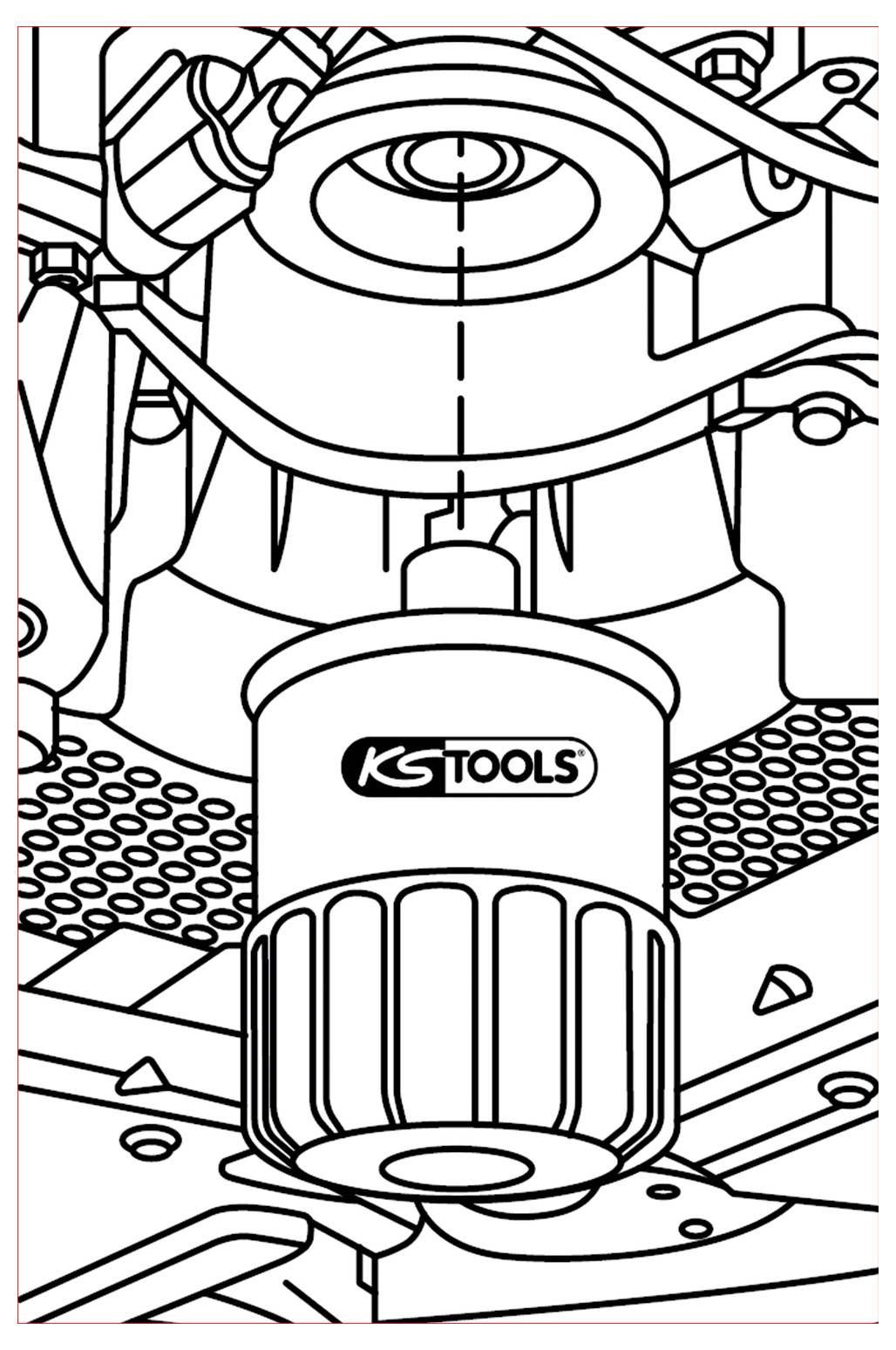 A kép egy mechanikus motoralkatrészt mutat egy 'KS Tools' feliratú szűrővel, csövekkel összekötve és szerkezeti elemektől körülvéve.