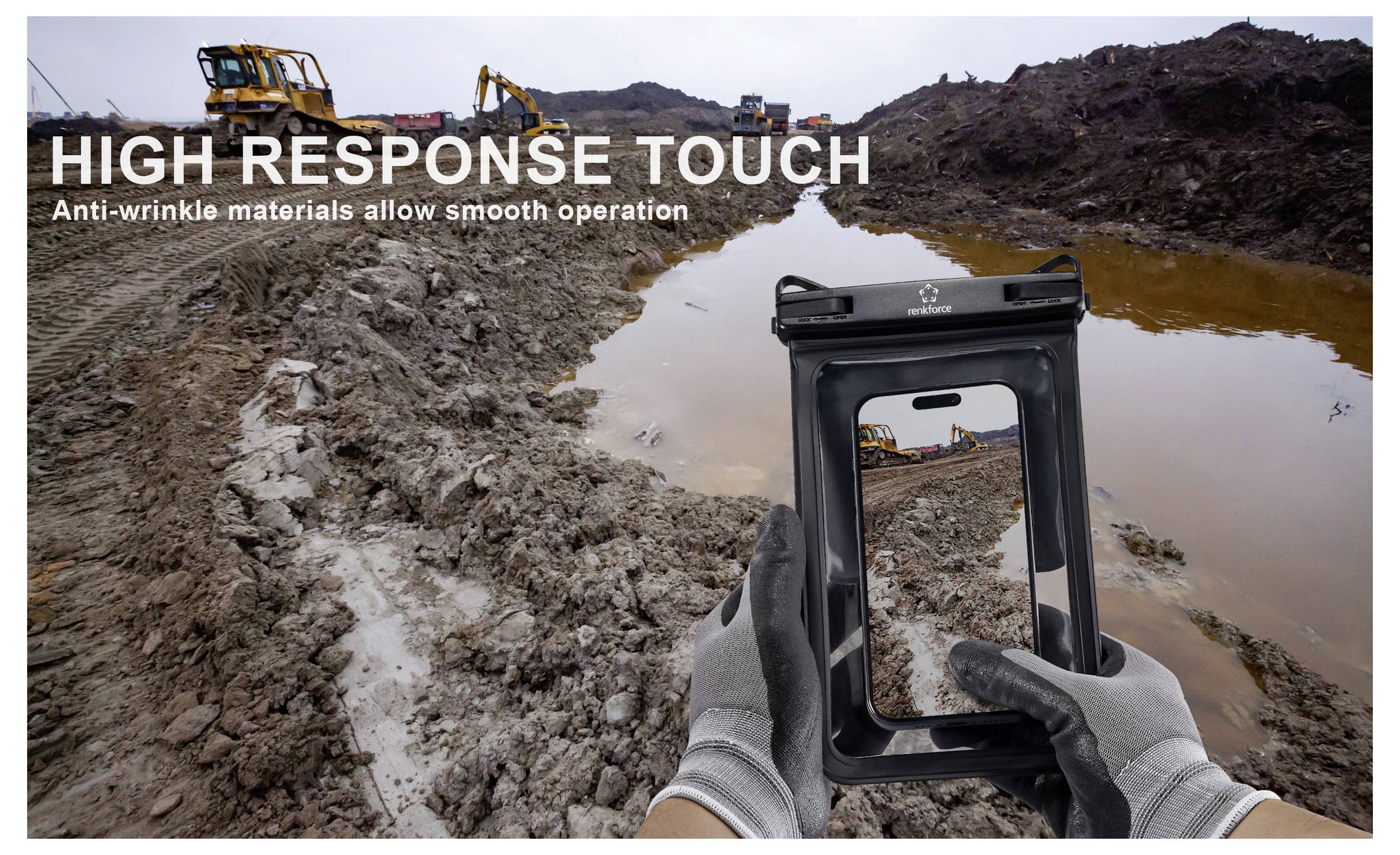 Egy személy kesztyűben tart egy masszív védőtokban lévő tabletet egy sáros építkezési területen, a szöveg pedig így szól: 'NAGY VÁLASZIDEJŰ ÉRINTÉS: Ráncmentes anyagok biztosítják a zökkenőmentes kezelhetőséget'.