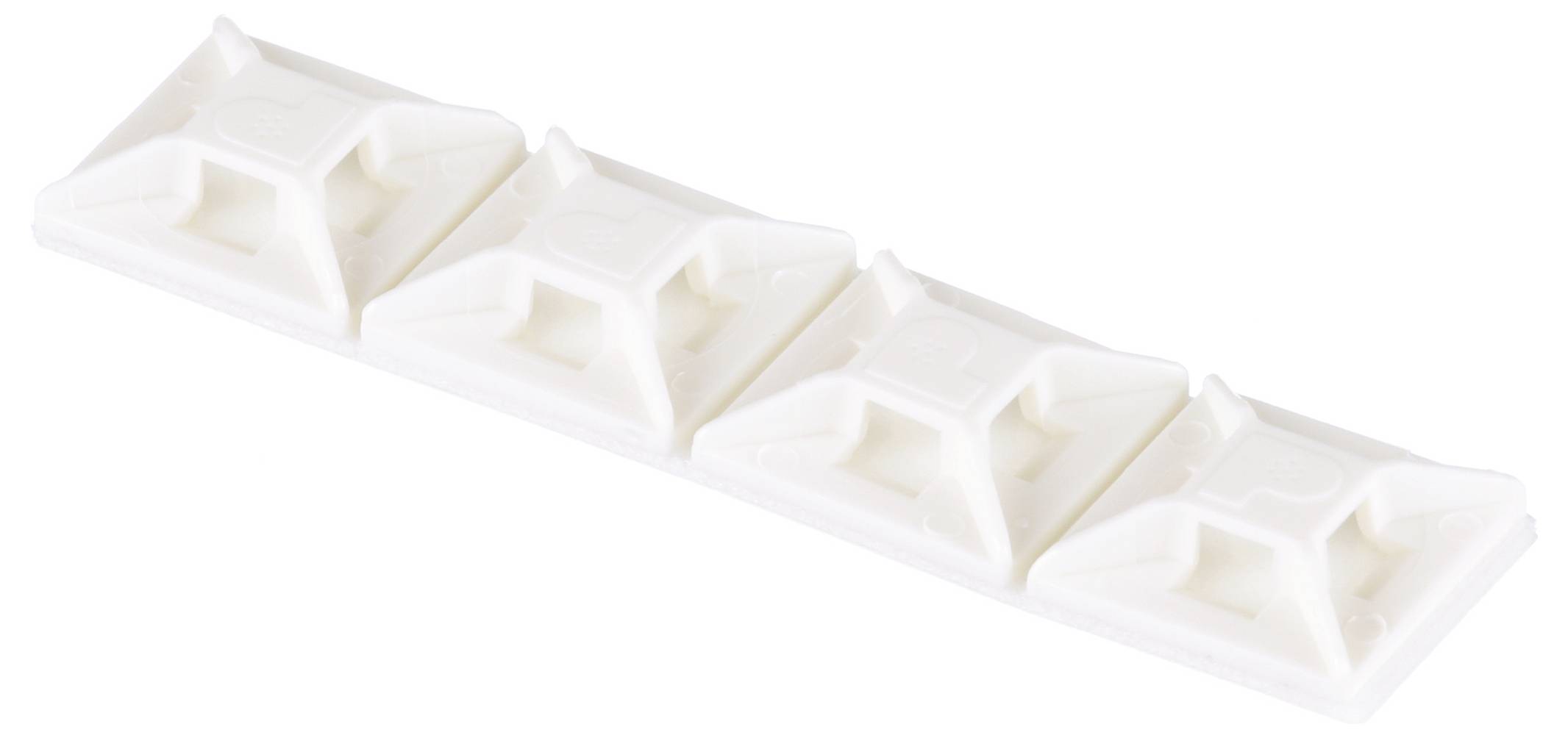 Fehér műanyag öntapadós kábelrögzítő tartók, négy darabos sorban elrendezve, kábelek felületekhez történő rögzítéséhez.