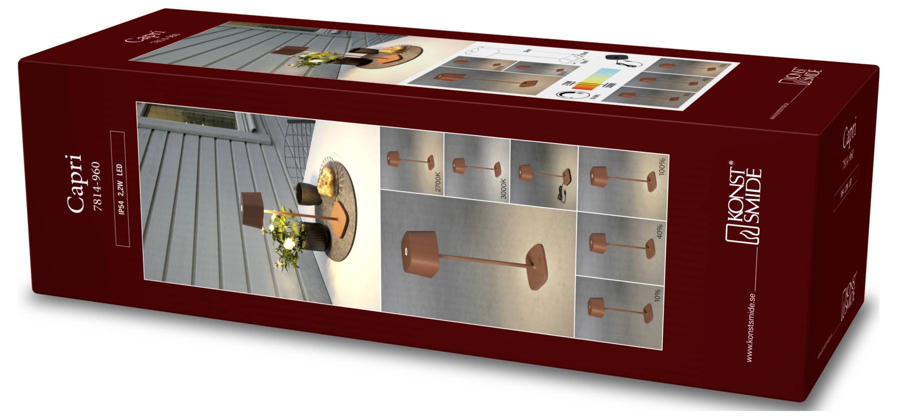 Egy piros dobozos csomag, amely egy modern dizájnú szabadtéri lámpát mutat be. A dobozon lévő fotók a lámpát különböző beállításokban és szögekből ábrázolják.