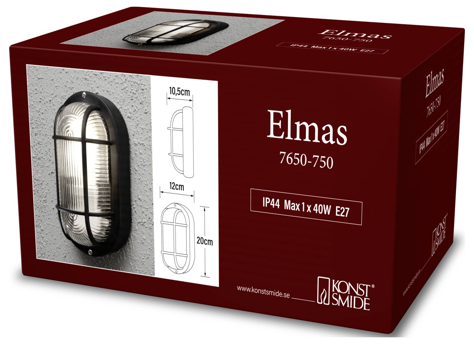 'Elmas 7650-750' kültéri fali lámpa. Fekete keret átlátszó üveg körül. Méretek: 20 cm magas, 12 cm széles, 10,5 cm mély.