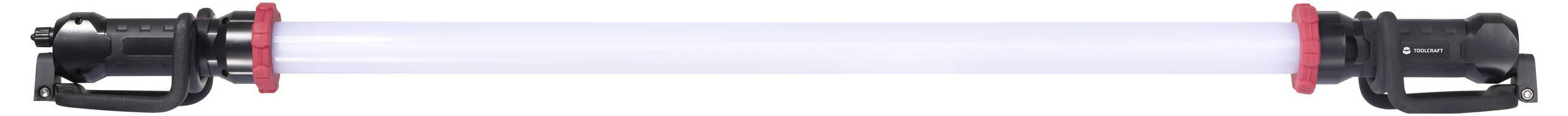 Hosszú, hengeres fénycső fekete végborítással és piros kiegészítésekkel, amely egy zseblámpára vagy hordozható világítóeszközre hasonlít.