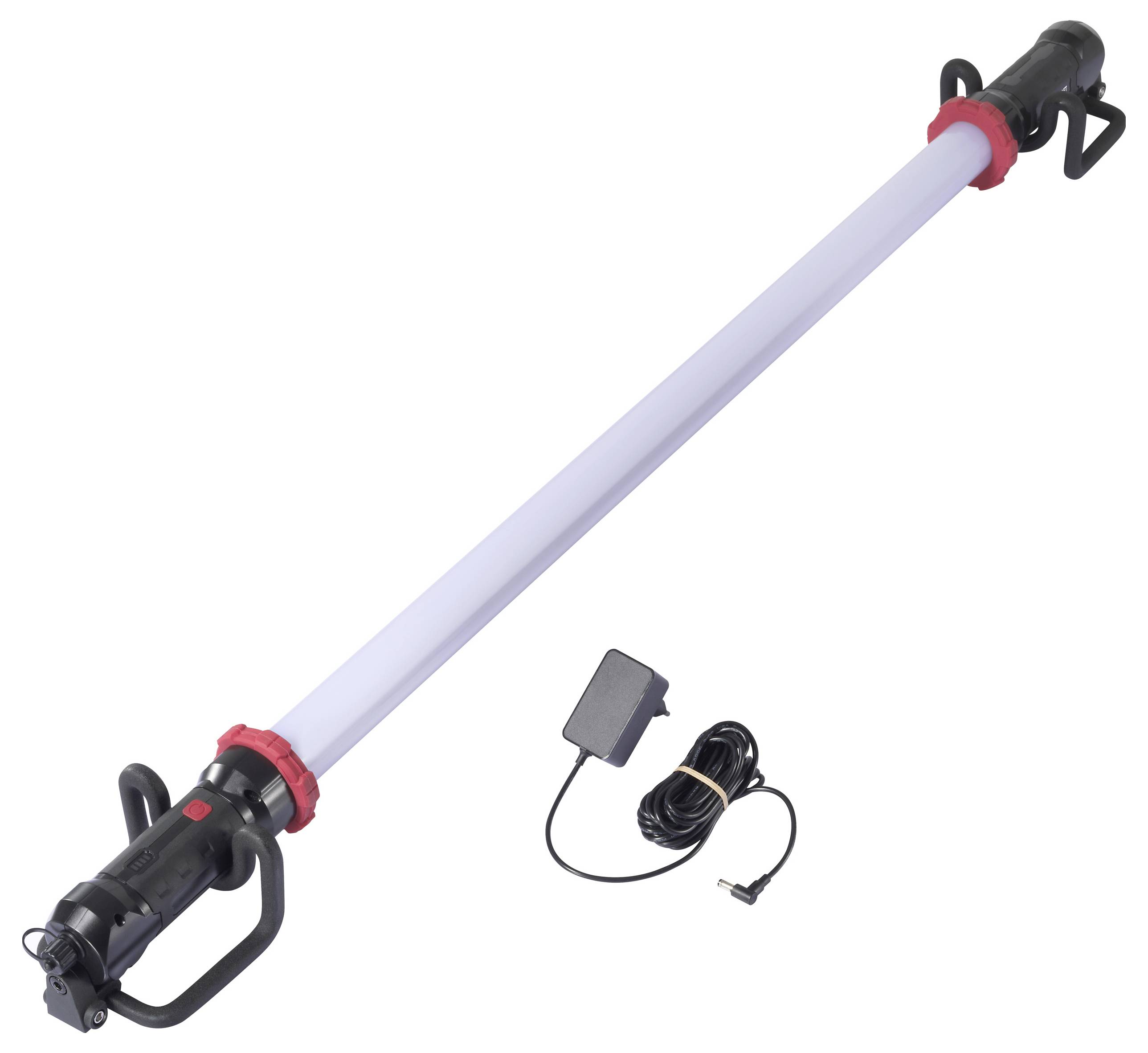 Hordozható LED munkafény hosszú hengeres kialakítással, fekete fogantyúval és egy kis tápegység mellett a hozzá tartozó kábellel.