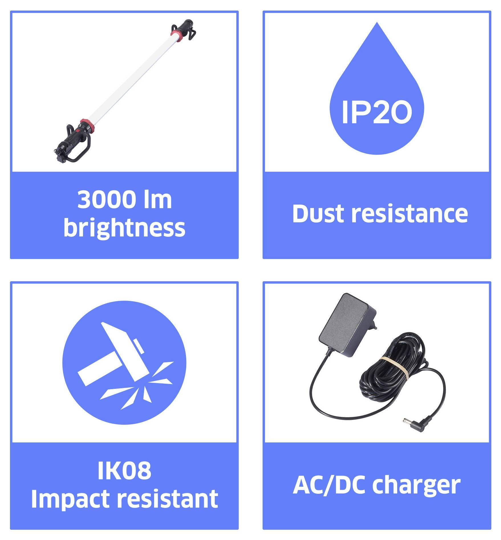 Az LED munkalámpa 3000 lm fényerővel rendelkezik, IP20 porállóságú, IK08 ütésállóságú, és AC/DC töltővel ellátott.