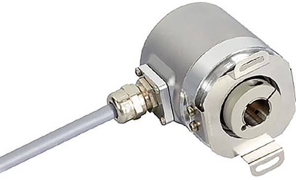 Egy hengeres fémből készült encoder csatlakoztatott kábellel, amelyet mechanikai mozgás mérésére használnak, fehér háttér előtt látható.