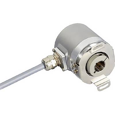 Egy hengeres fémből készült encoder csatlakoztatott kábellel, amelyet mechanikai mozgás mérésére használnak, fehér háttér előtt látható.