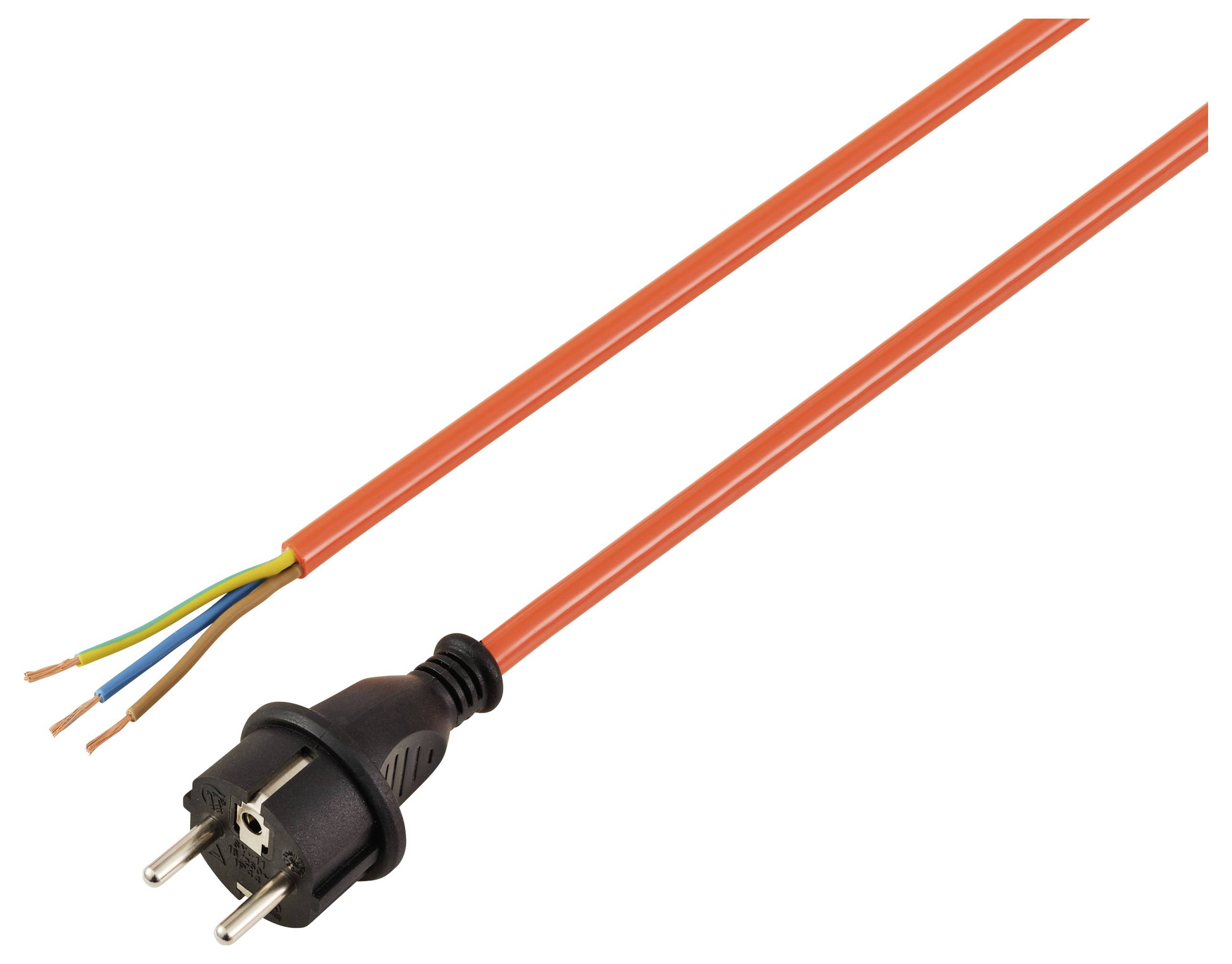 Egy narancssárga elektromos kábel európai csatlakozóval az egyik végén, a másik végén pedig szabadon álló vezetékekkel (kék, barna és zöld/sárga).