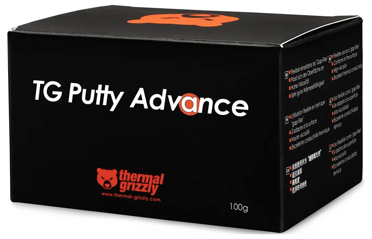 Fekete doboz, amelyen a "TG Putty Advance" felirat olvasható a Thermal Grizzly márkajelzésével, 100g mennyiségben, oldalsó felületén több nyelvű használati utasítással.