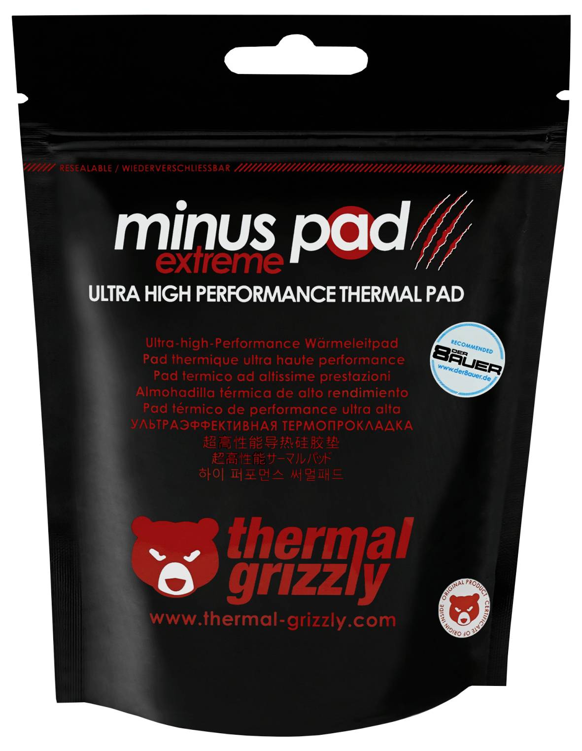 'minus pad extreme' hővezető lap<br>Ultrahigh teljesítményű hőelvezető párna<br>Thermal Grizzly<br><br>Fekete háttér piros macska logóval